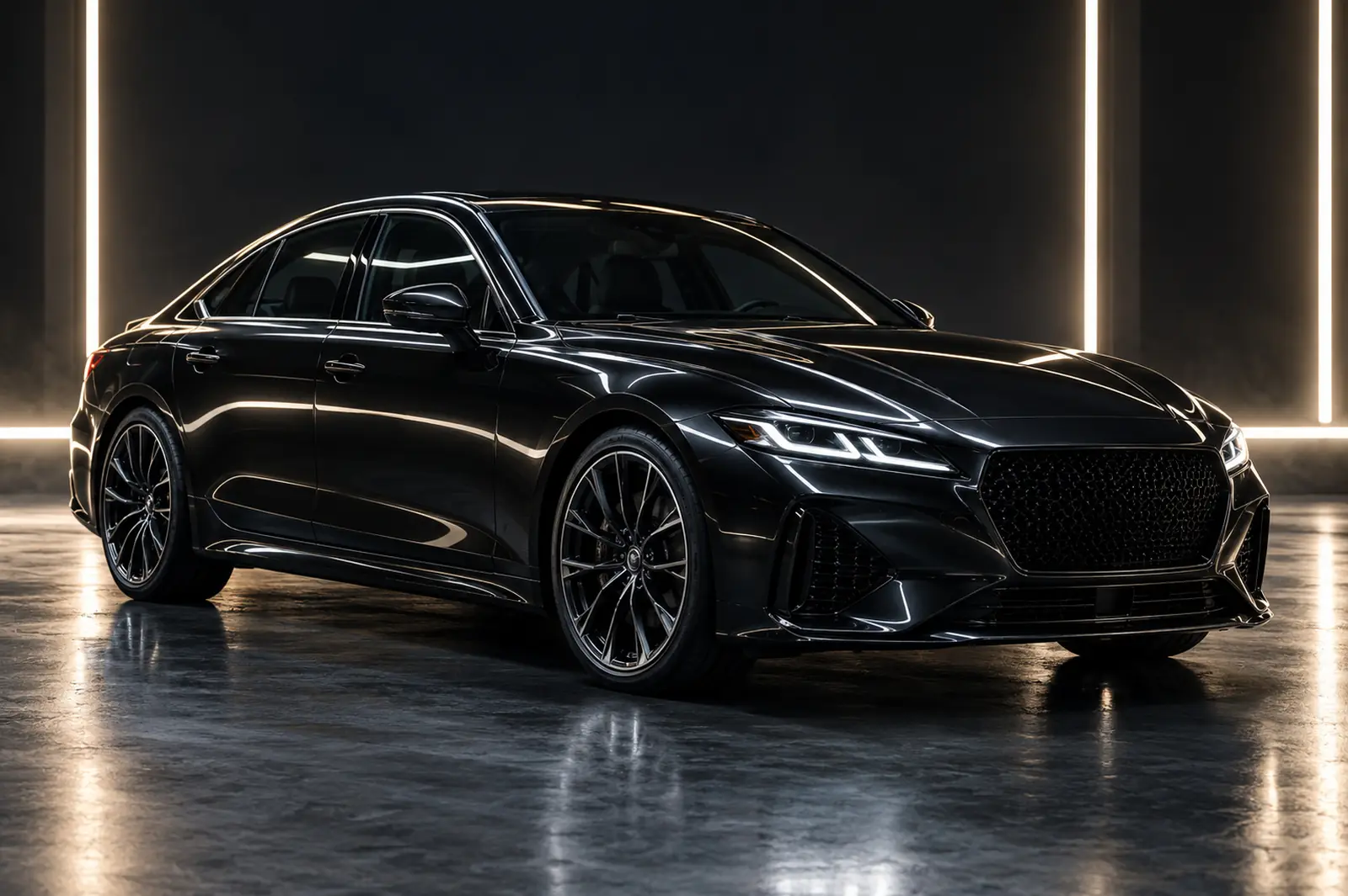Glossy black sedan in a dark studio