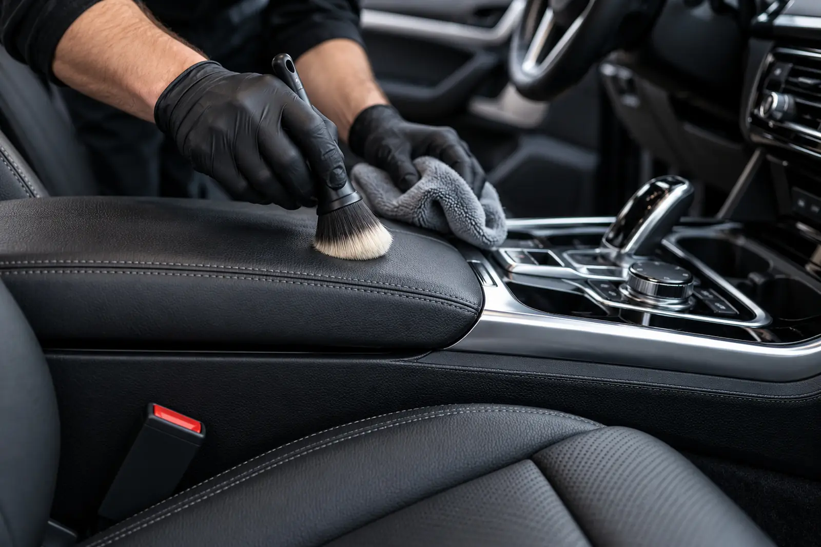 Detailer cleaning a car interior