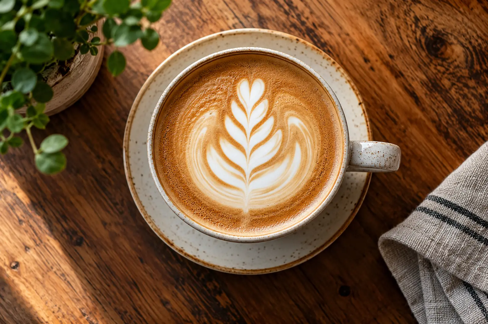 Latte with leaf art on a wooden table