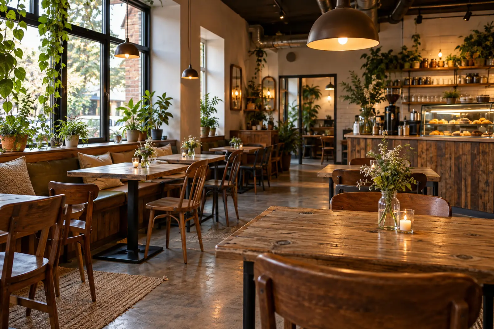 Warm café interior with wooden tables and plants