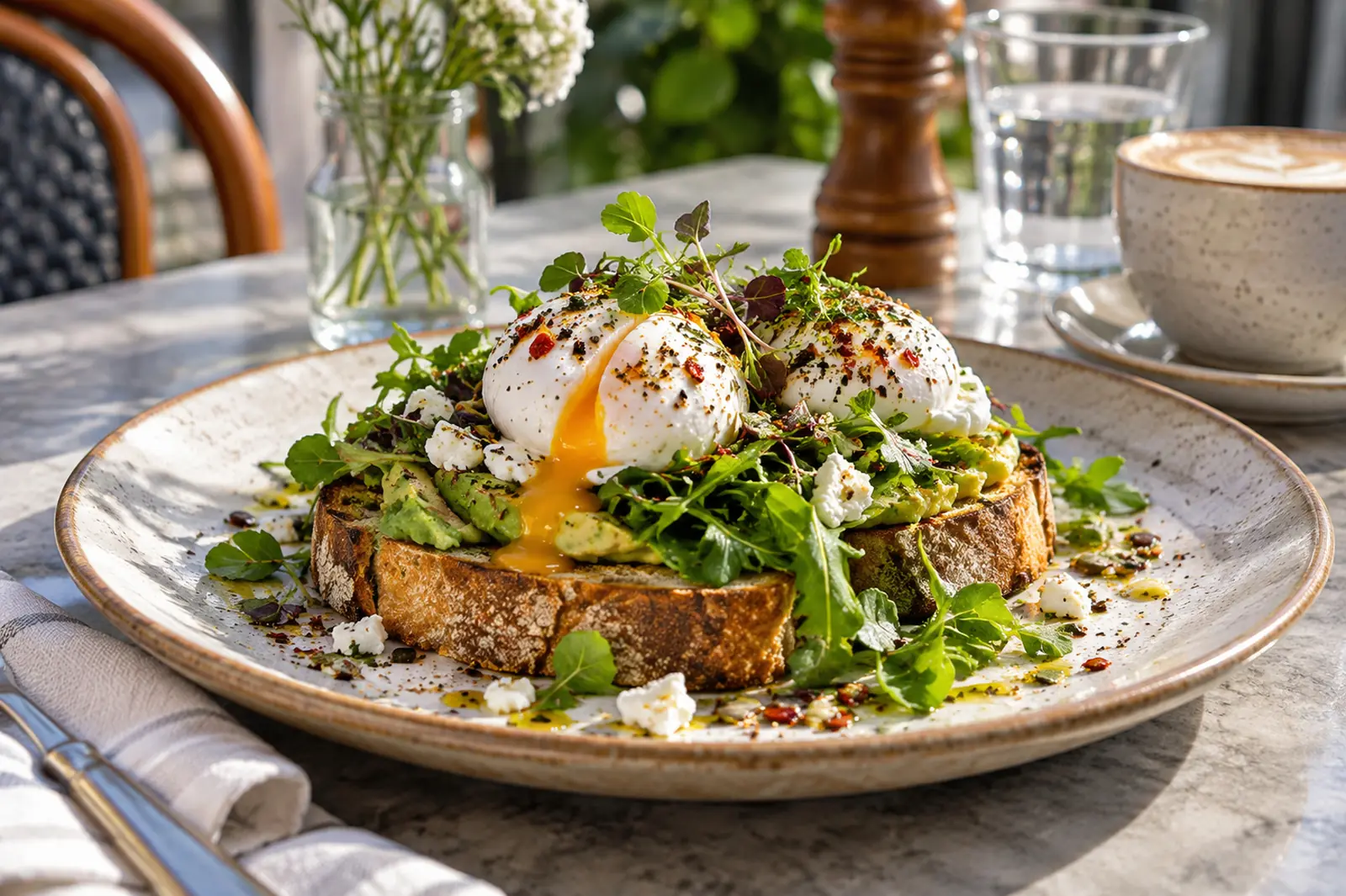 Toast topped with poached egg and greens