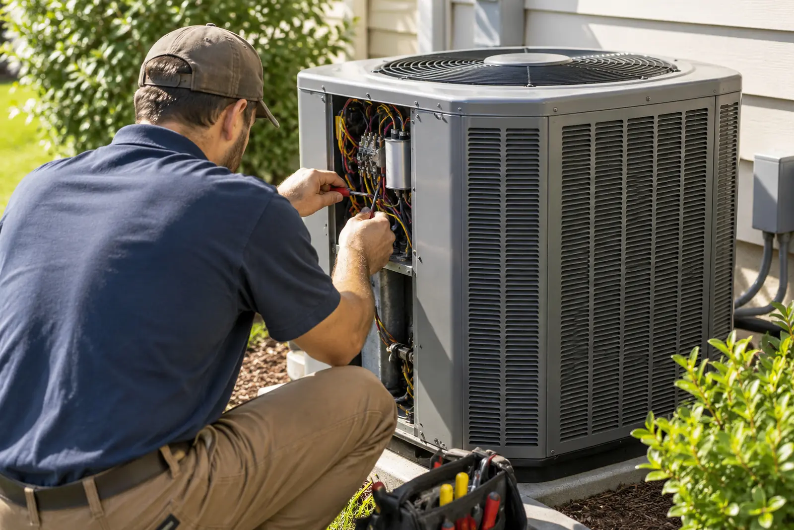 Technician servicing an outdoor air conditioning unit