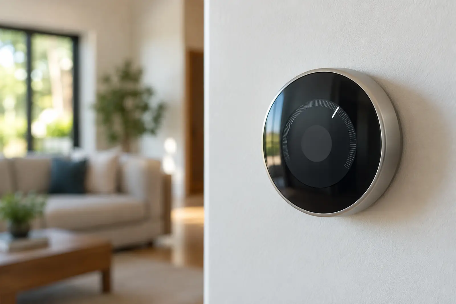 Smart thermostat on a living room wall
