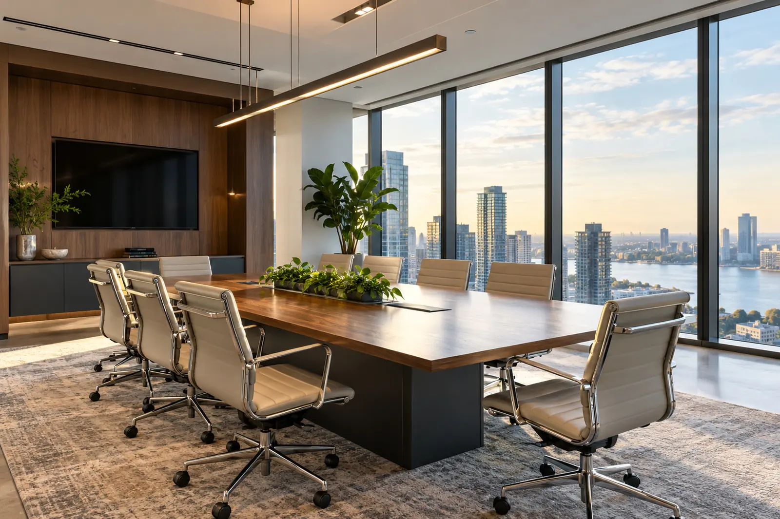 Modern meeting room with city views