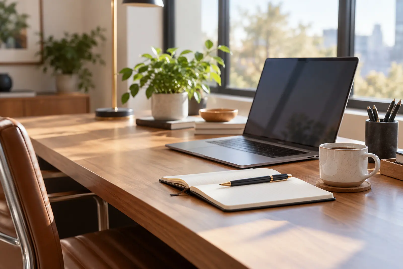 Desk with notebook, pen, and laptop