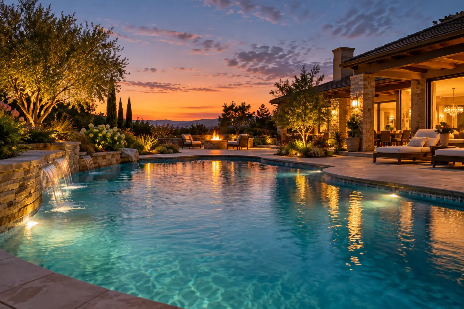 Backyard pool with landscape lighting at dusk