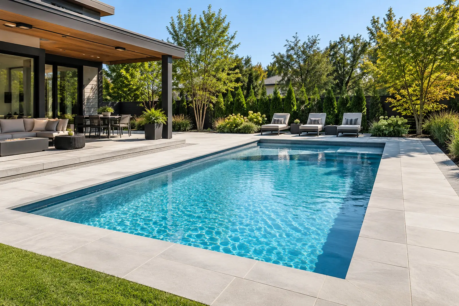 Modern rectangular pool with stone deck