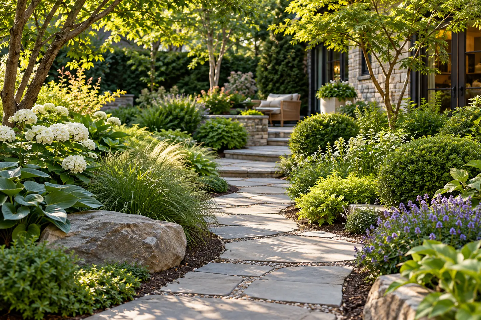 Garden path through lush planting