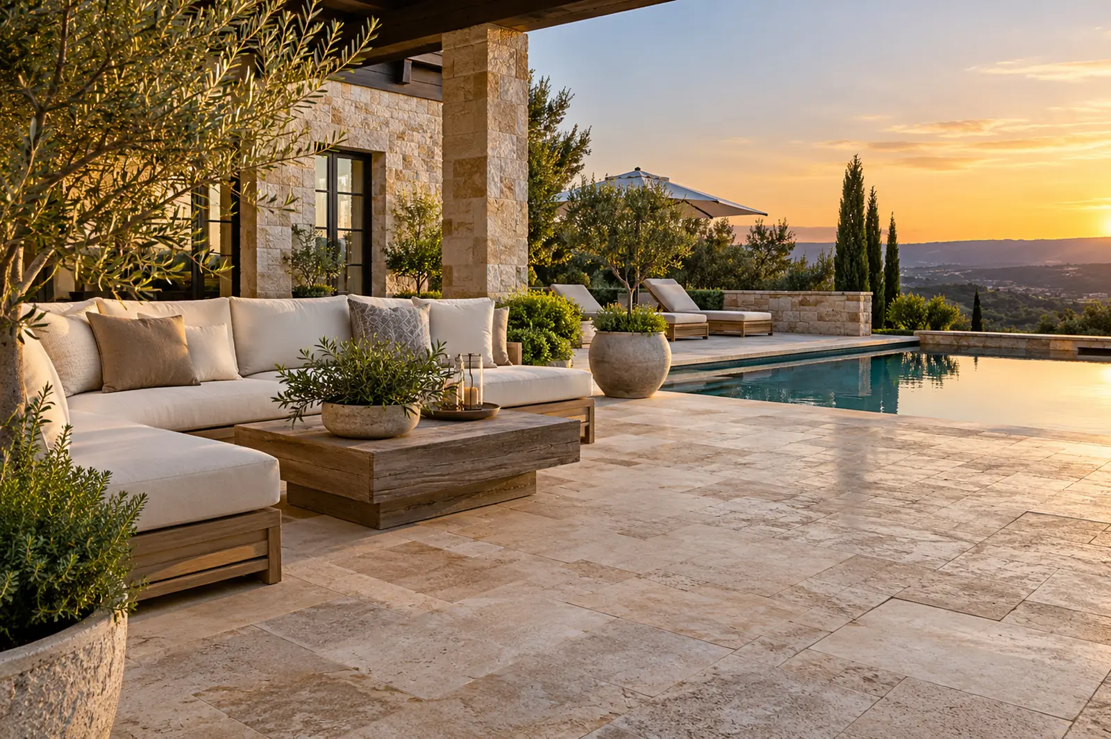 Travertine terrace overlooking a pool