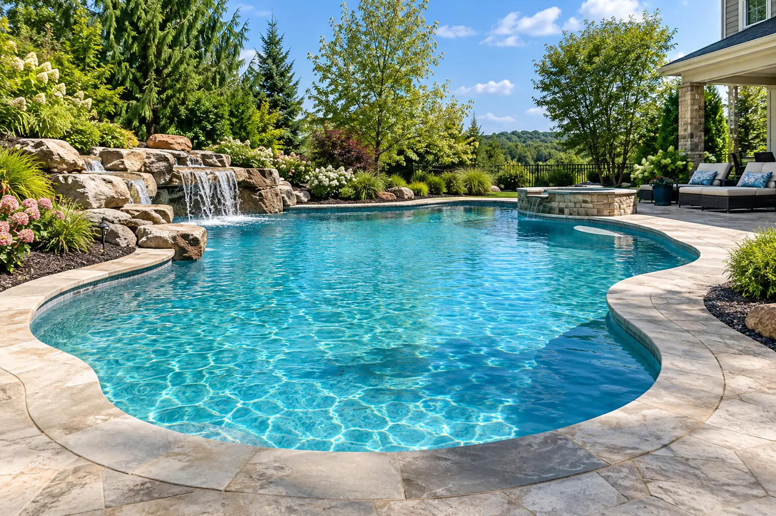 Freeform pool with rock waterfall