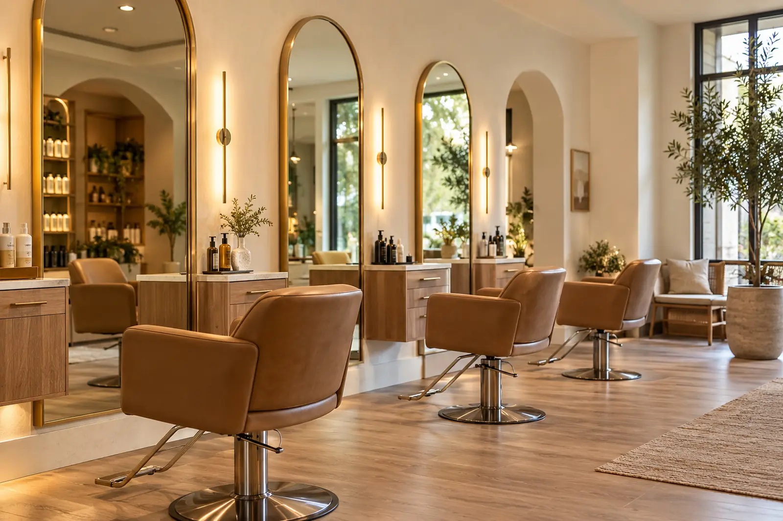 Bright salon with arched mirrors and leather chairs